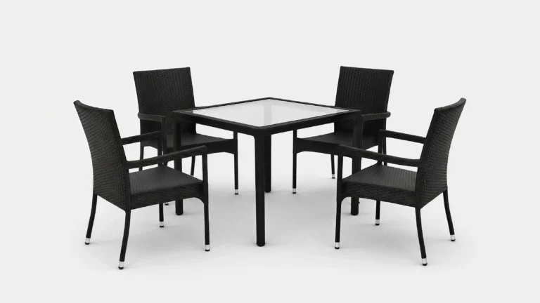 PE Rattan Patio Dining Set with 4 Armchairs & Square Glass Table for Hotel Outdoor Dining