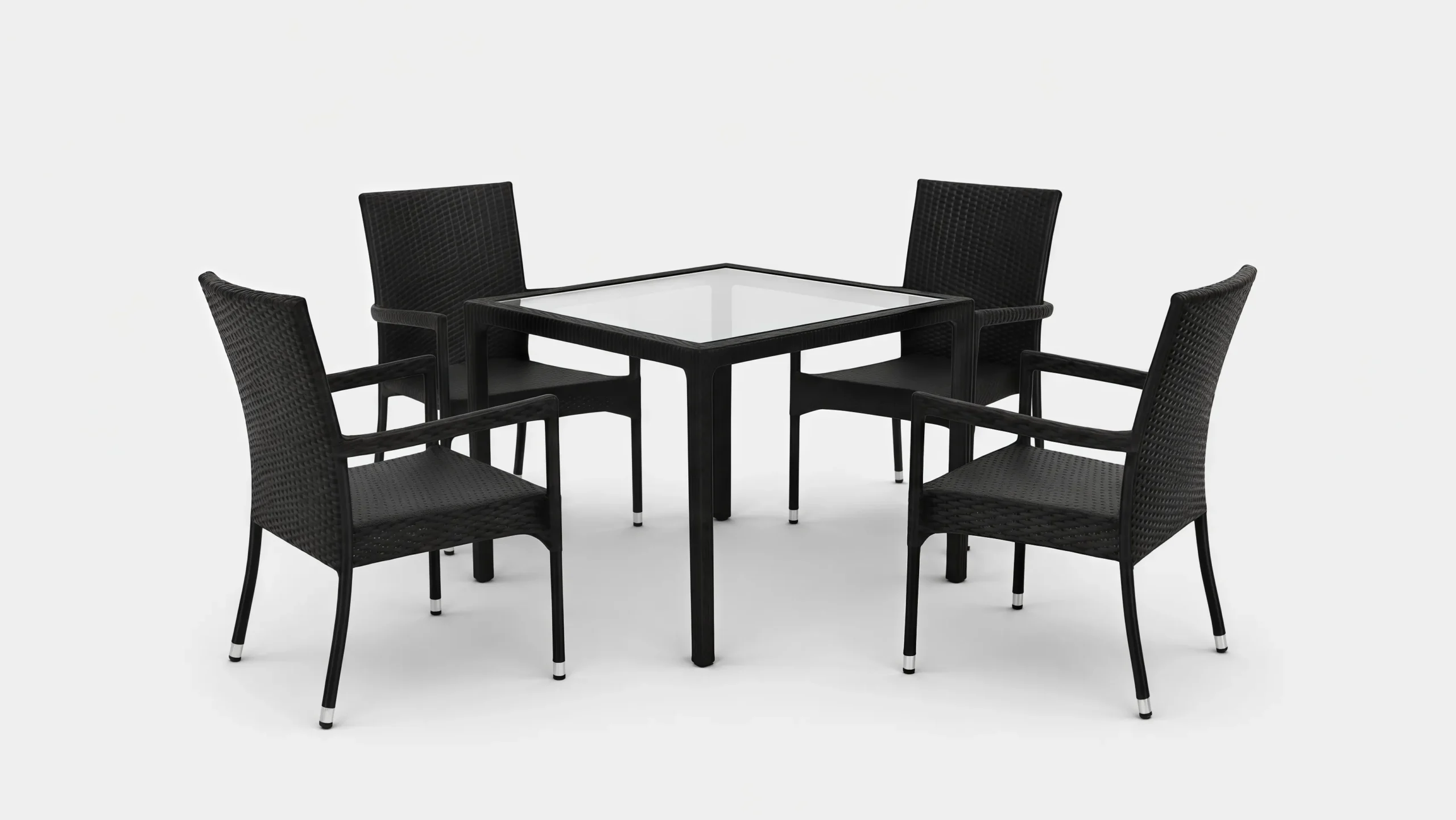 PE Rattan Patio Dining Set with 4 Armchairs & Square Glass Table for Hotel Outdoor Dining