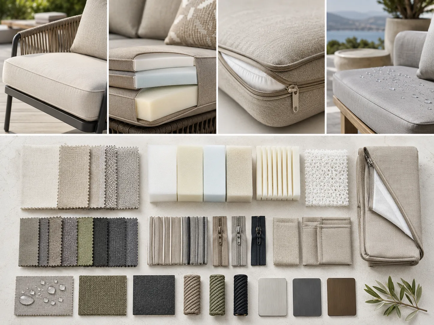 Outdoor fabric cushion material with upholstery and foam detail sample