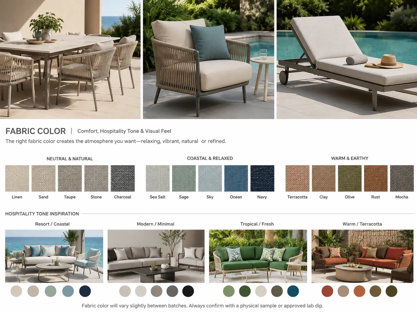 Color & Finish Customization 2 Outdoor fabric palette sample for custom cushion color and upholstery finish
