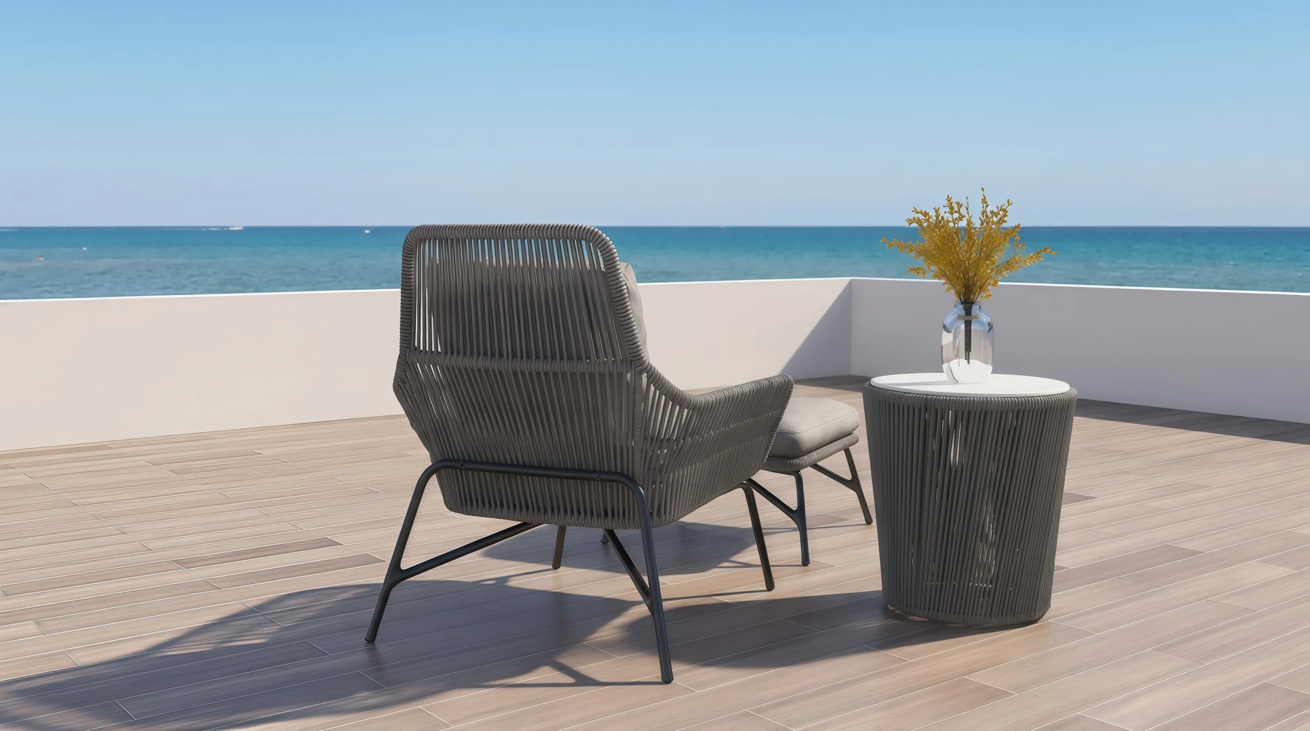 Outdoor Rope Lounge Chair and Ottoman Set with Side Table for Poolside Patio Hotel Terrace