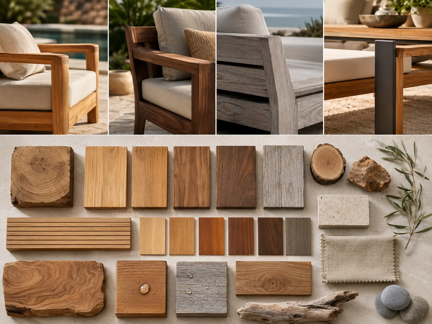 Teak wood outdoor furniture detail and natural wood grain material sample