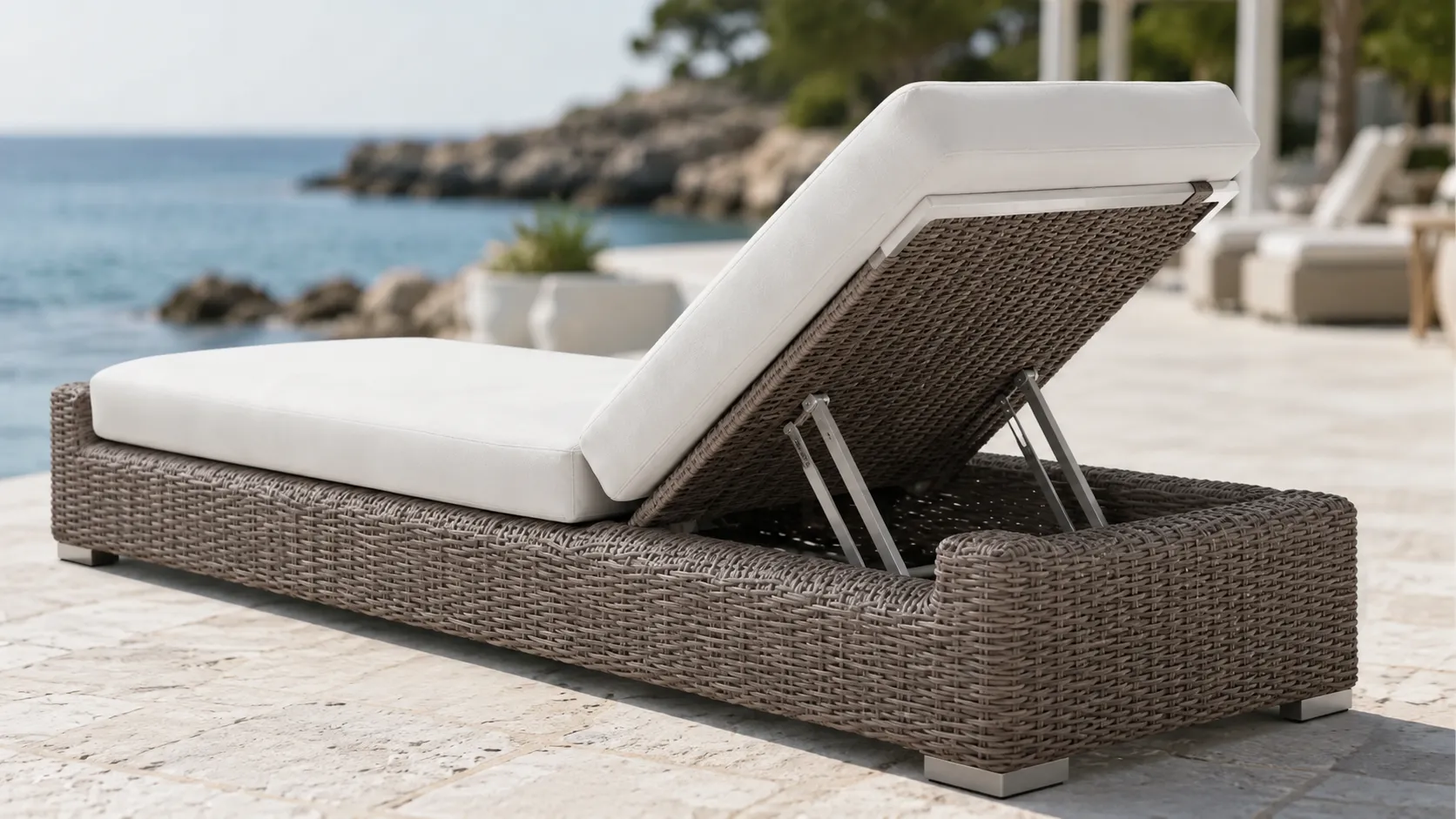 Adjustable backrest detail of wicker outdoor sun lounger