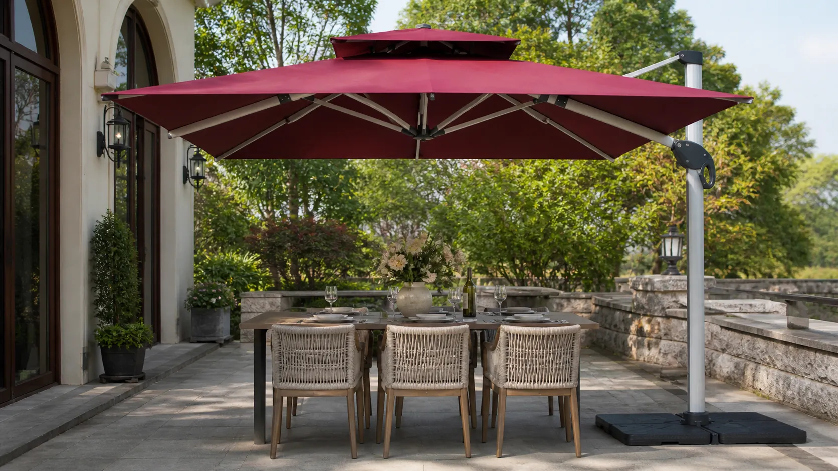 Adjustable Height Cantilever Patio Umbrella with Red Canopy for Poolside & Resort Shade