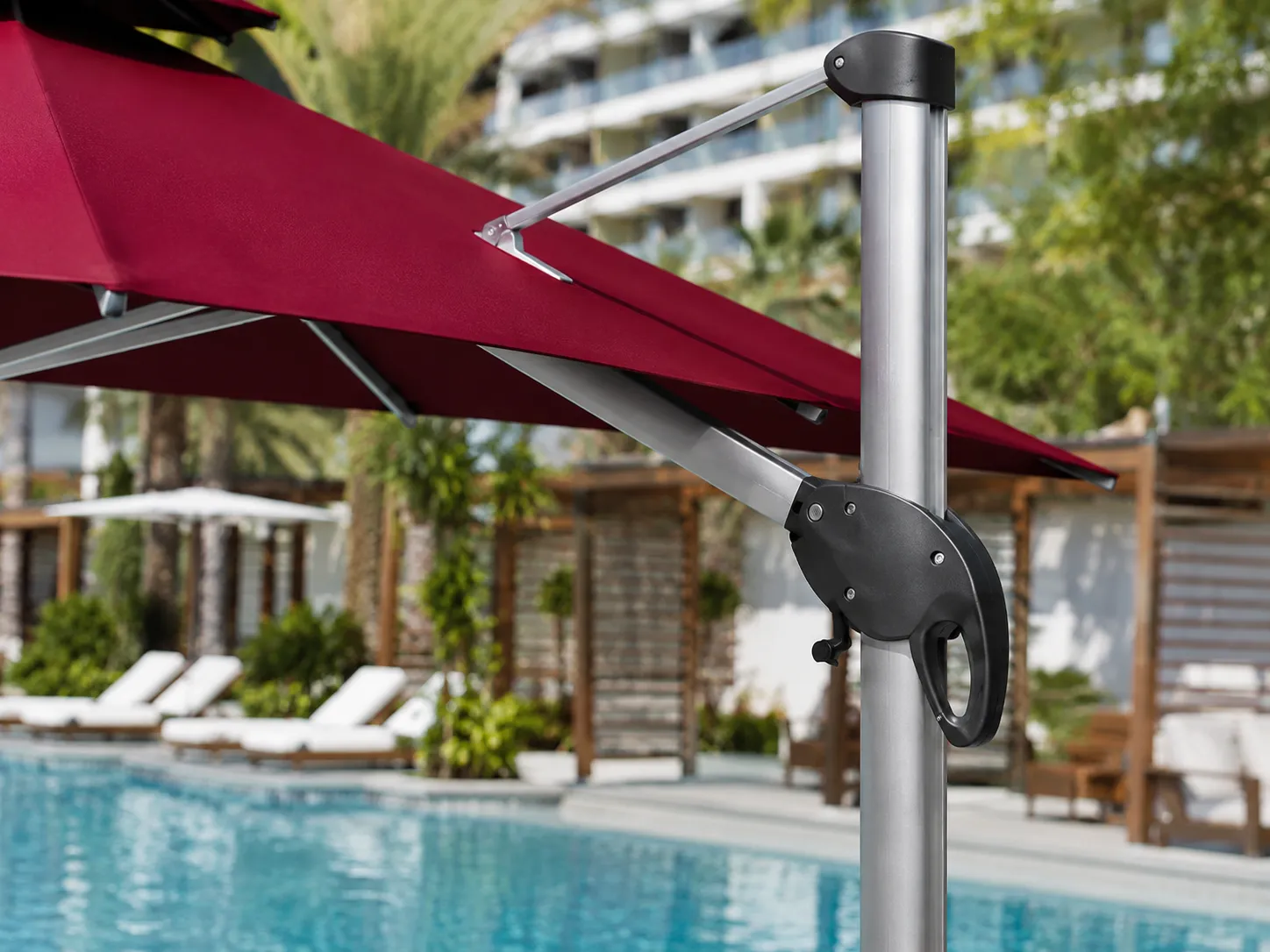 Adjustable height system detail of cantilever patio umbrella