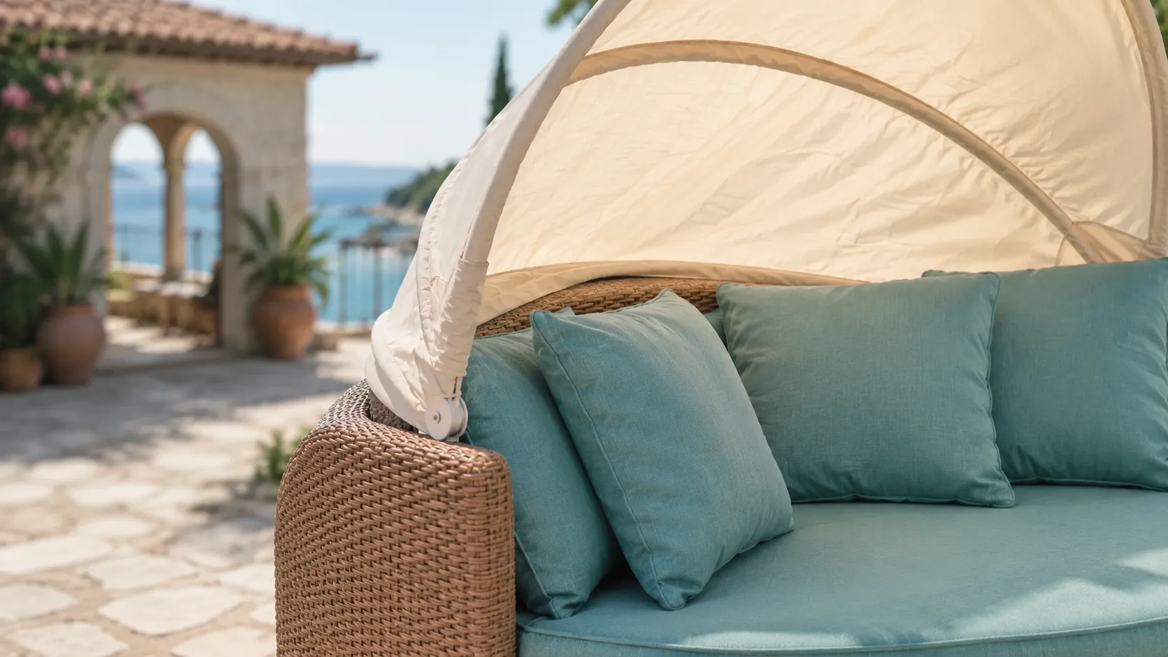 Adjustable shade canopy detail of wicker outdoor daybed