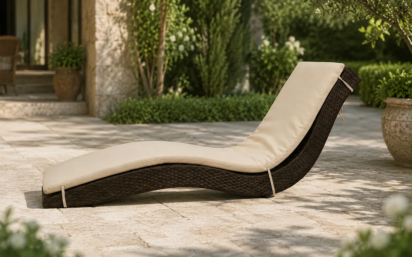 XIMU Furniture adjustable wicker outdoor sun lounger with beige cushion