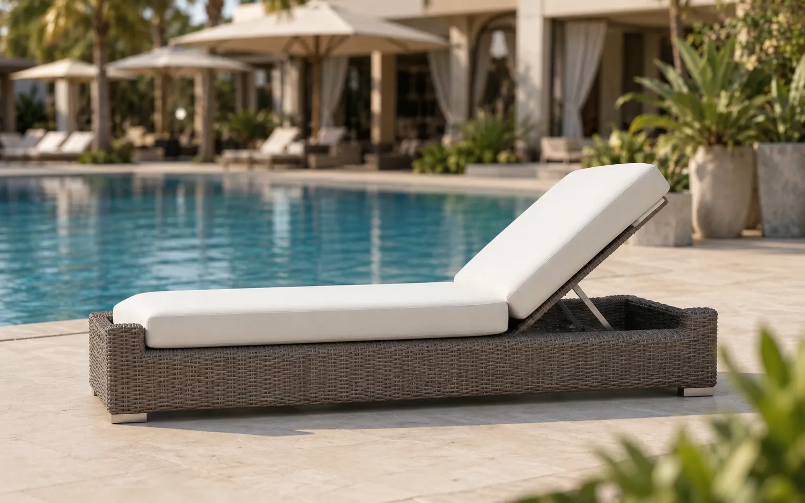 XIMU Furniture adjustable wicker outdoor sun lounger with white cushion