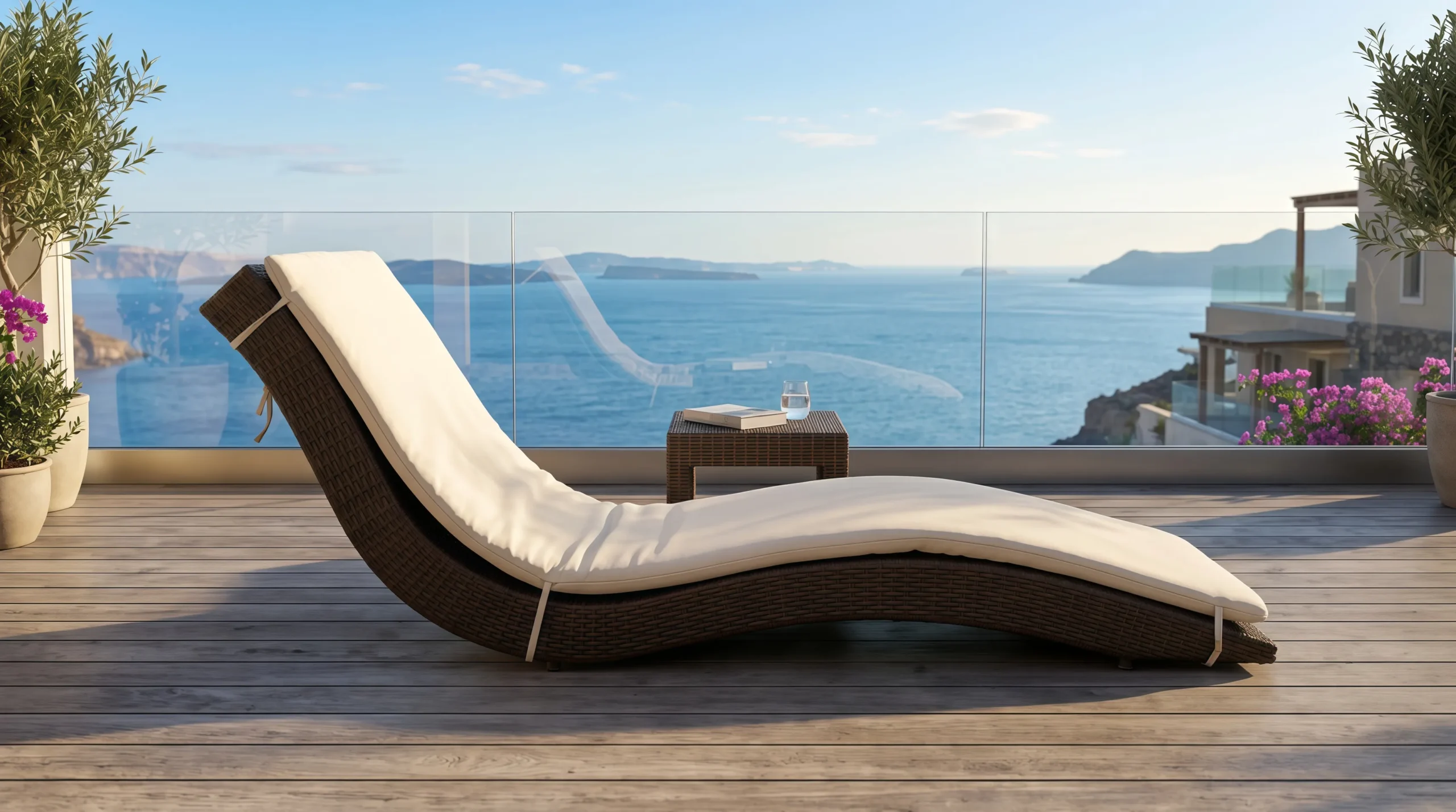 Adjustable Wicker Outdoor Sun Lounger with Beige Cushion