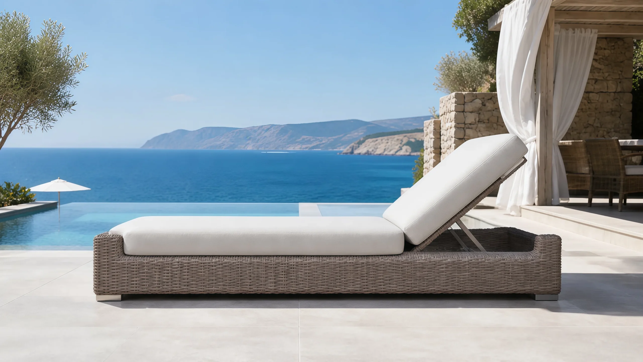 Adjustable Wicker Outdoor Sun Lounger with White Cushion
