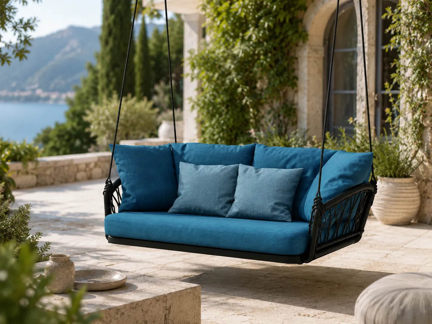 Rope hanging swing sofa with blue cushions used in an outdoor garden lounge area