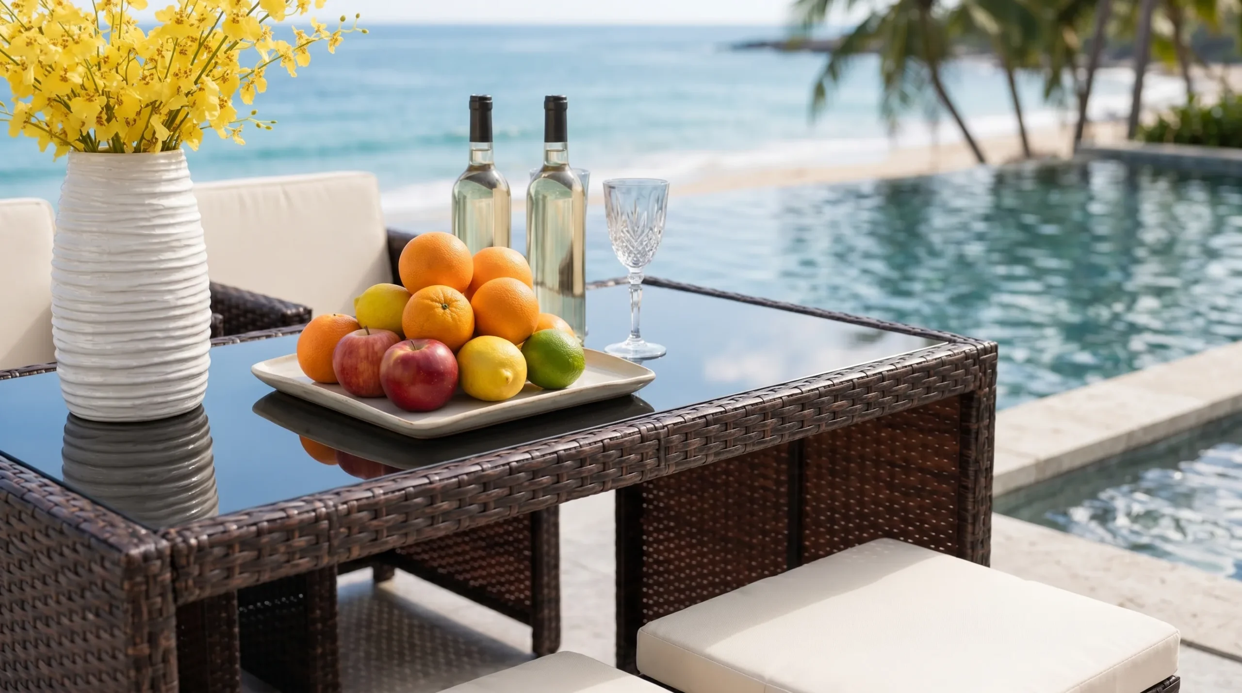 PE Rattan Cube Dining Set with 2 Armchairs, 2 Ottomans & Square Glass Table for Patio Café Hotel