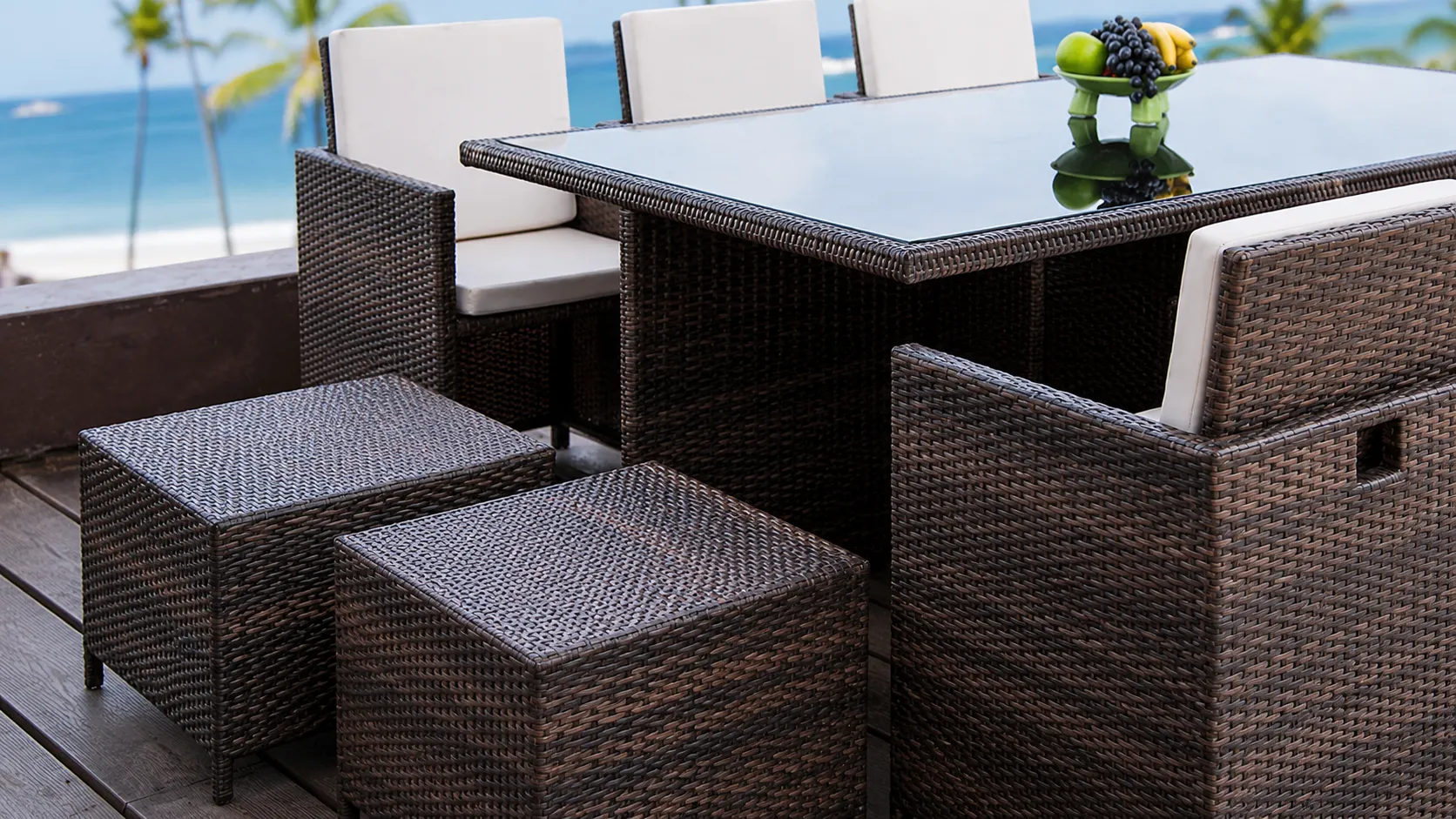 PE Rattan Patio Dining Set with 6 Chairs, 2 Stools & Rectangular Glass Table for Hotel Outdoor Dining