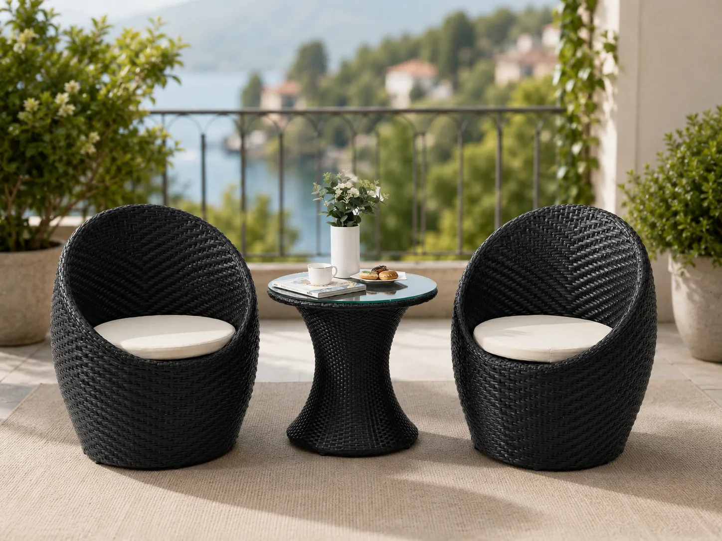 Black PE rattan bistro set with round table for balcony seating