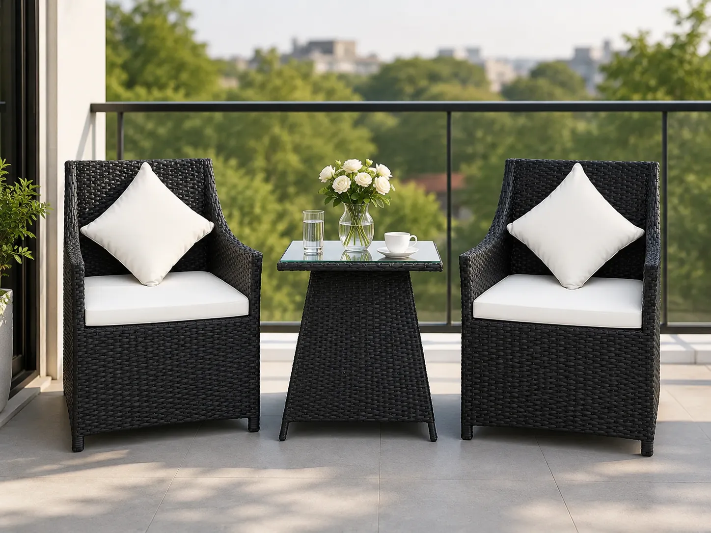 Black PE rattan bistro set for balcony seating