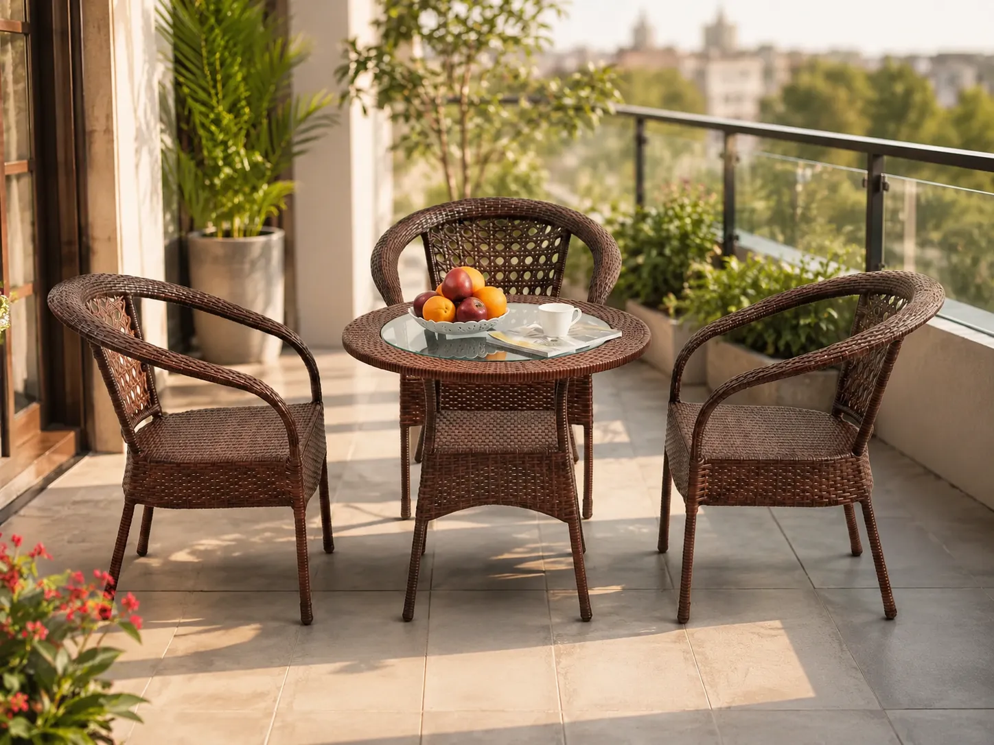 Brown PE rattan bistro set with round table for balcony seating