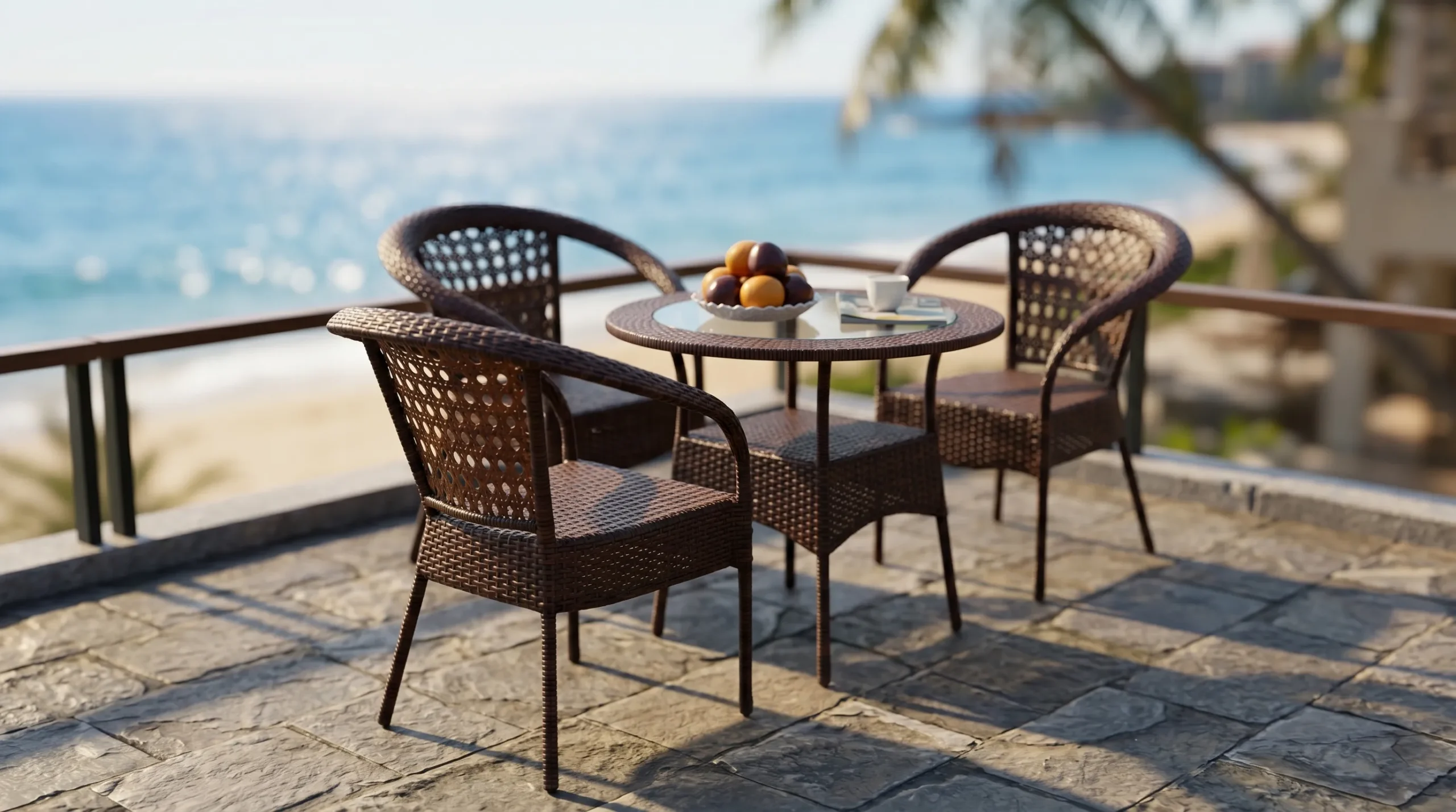 Brown PE Rattan Bistro Set with 3 Open-Weave Armchairs & Round Glass Table for Patio Café Balcony