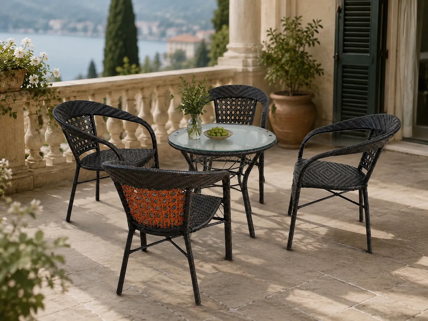 Dark brown PE rattan dining set for balcony dining