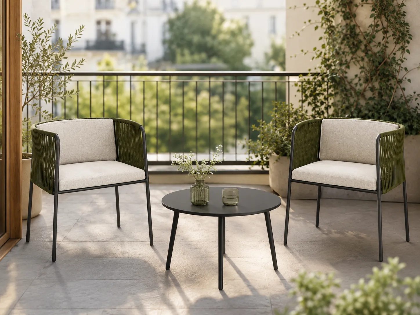 Green rope bistro set with beige cushions for balcony seating