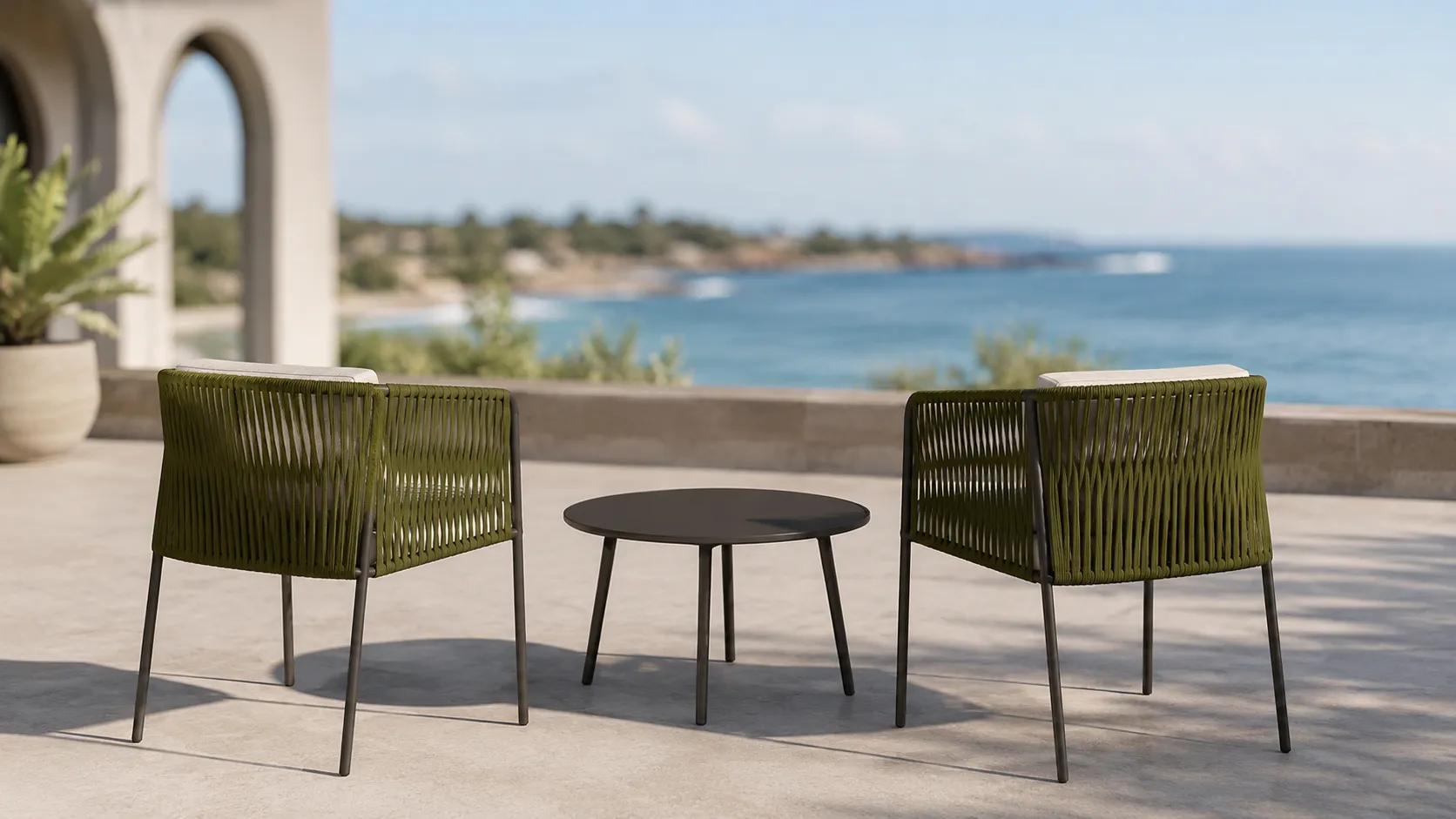 Outdoor Rope Bistro Set with Green Armchairs, Beige Cushions & Round Coffee Table for Patio Balcony
