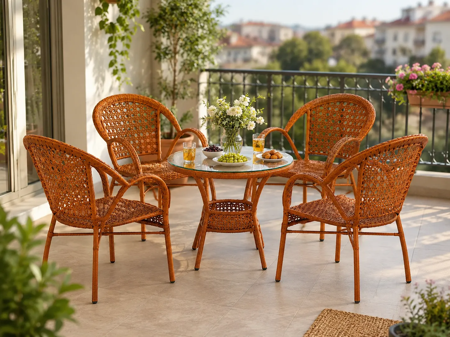 Honey brown PE rattan dining set for balcony dining