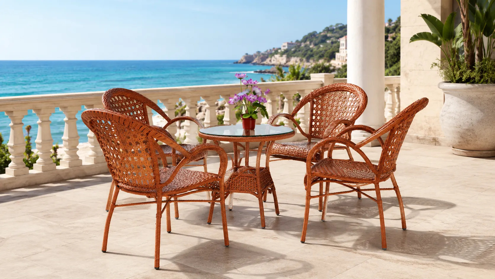 Honey Brown PE Rattan Outdoor Dining Set with 4 Armchairs & Round Glass Table for Patio Café Terrace