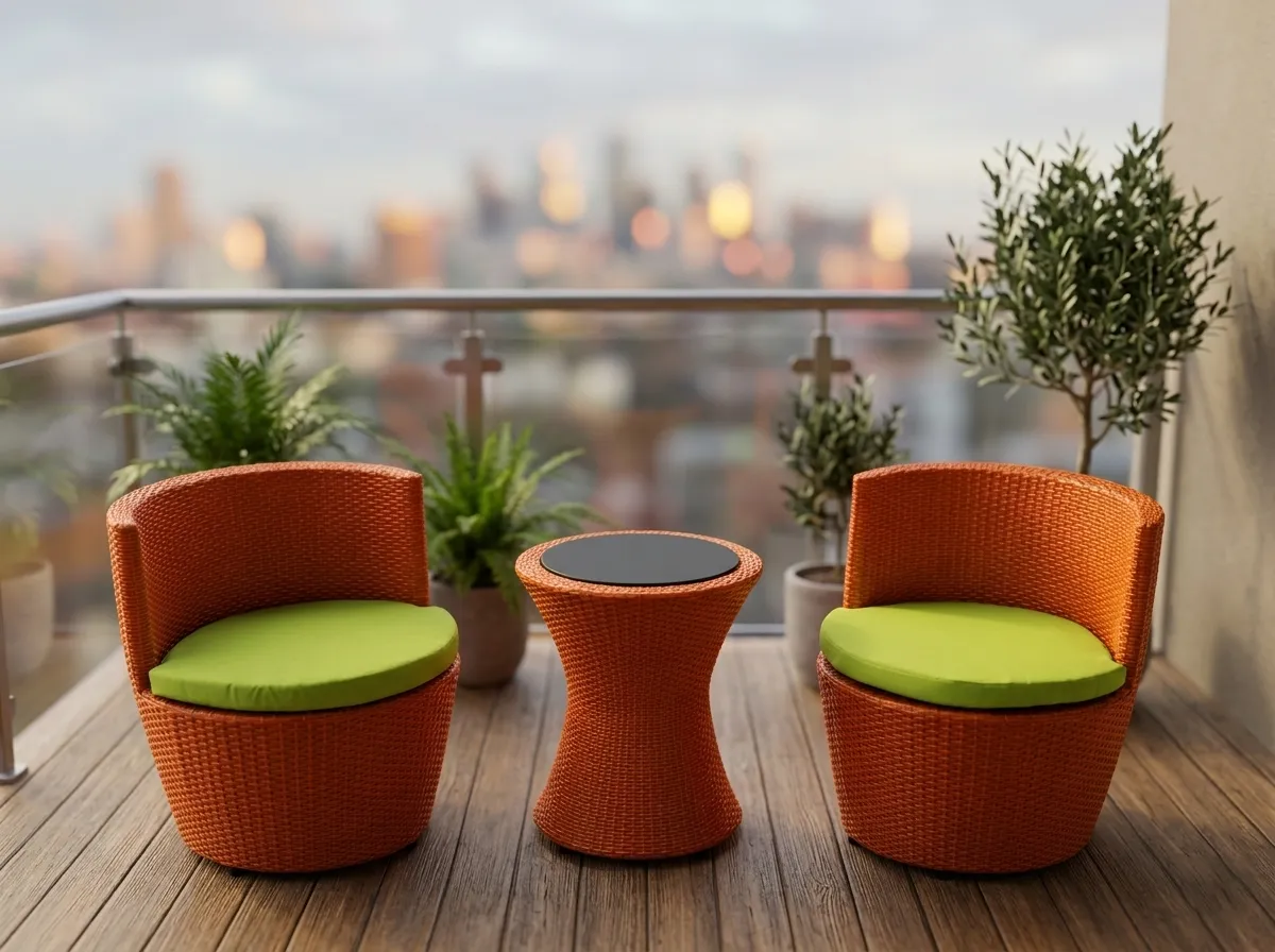 Orange wicker bistro set used on a compact balcony seating area