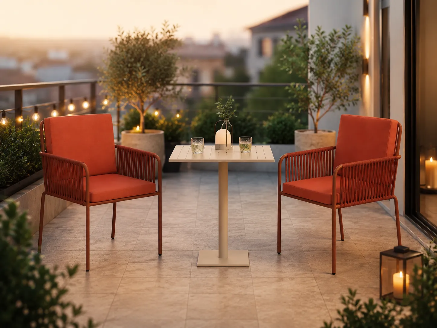Outdoor rope bistro set with orange cushions for balcony seating