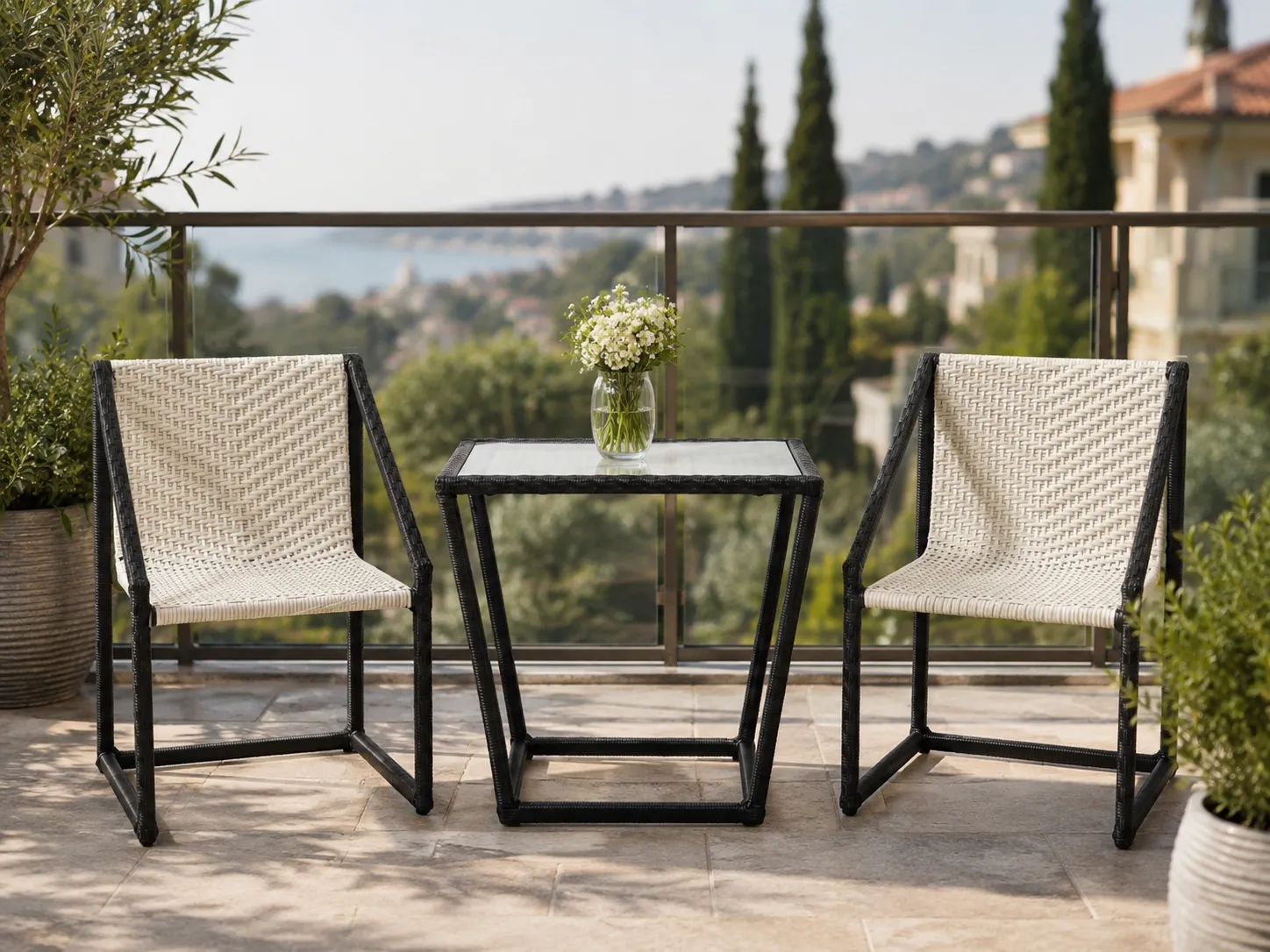 PE rattan bistro set with black white chairs for balcony seating