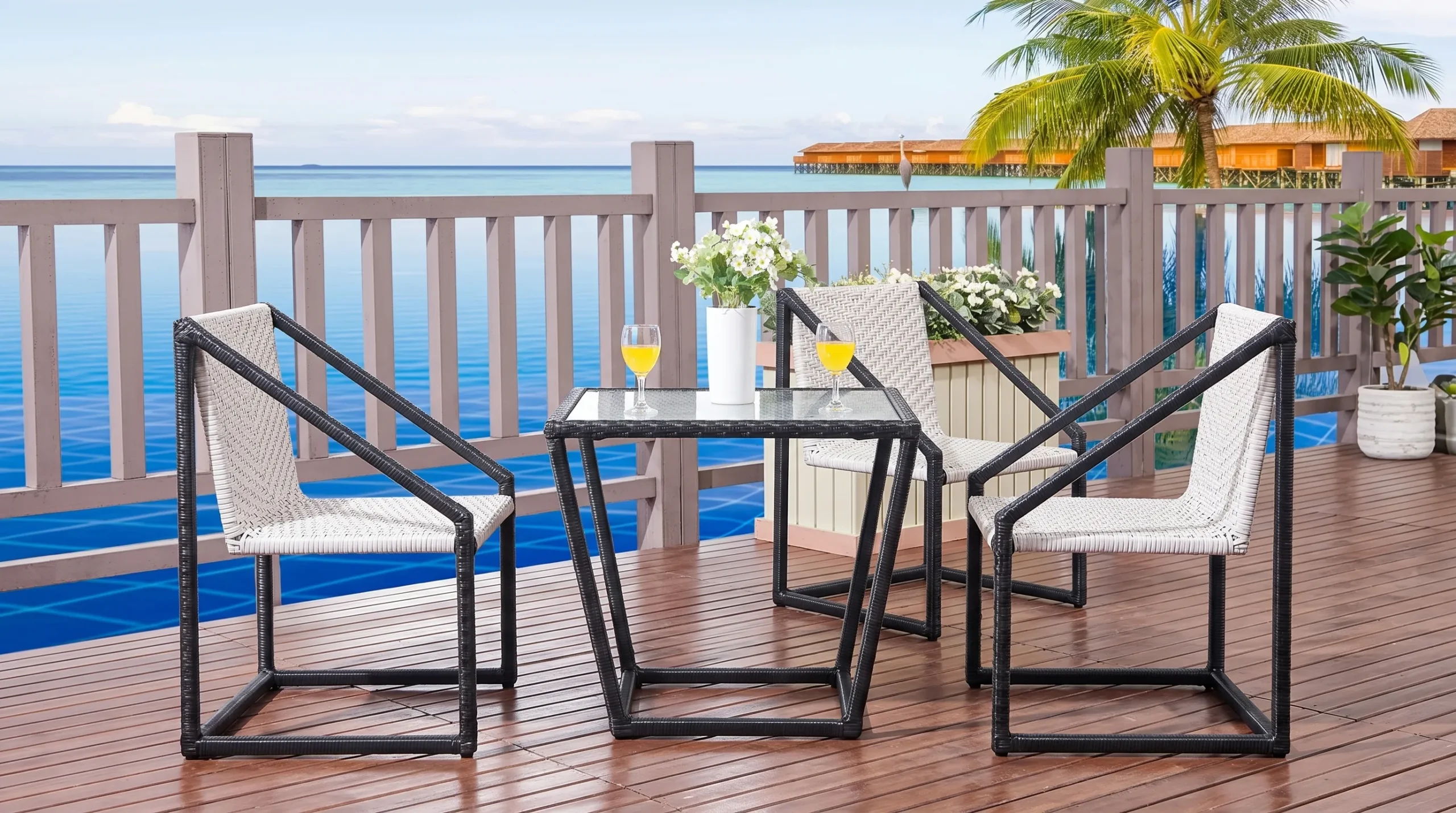 PE Rattan Bistro Set with Black White Chairs & Rectangular Glass Table for Patio Balcony Café