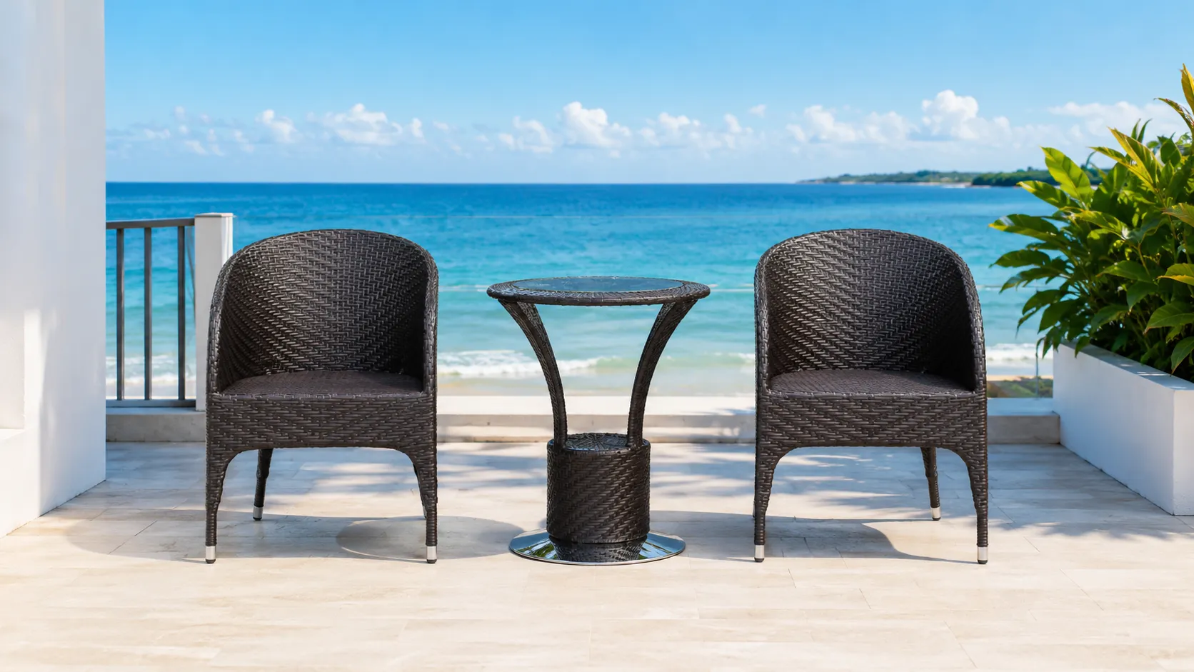 PE Rattan Bistro Set with 2 Chairs & Round Glass Table for Balcony, Patio & Café