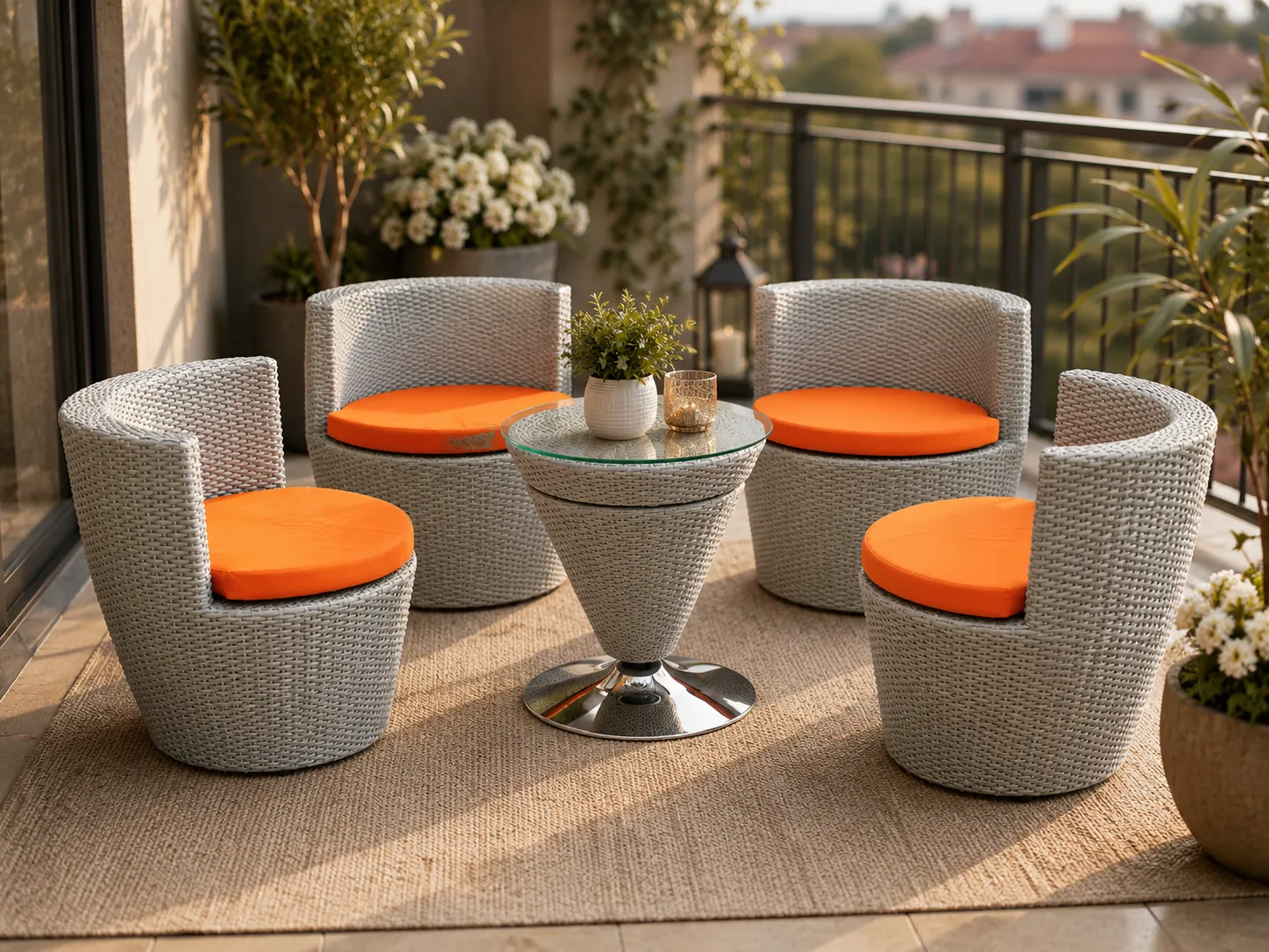 PE rattan conversation set with orange cushions for balcony seating