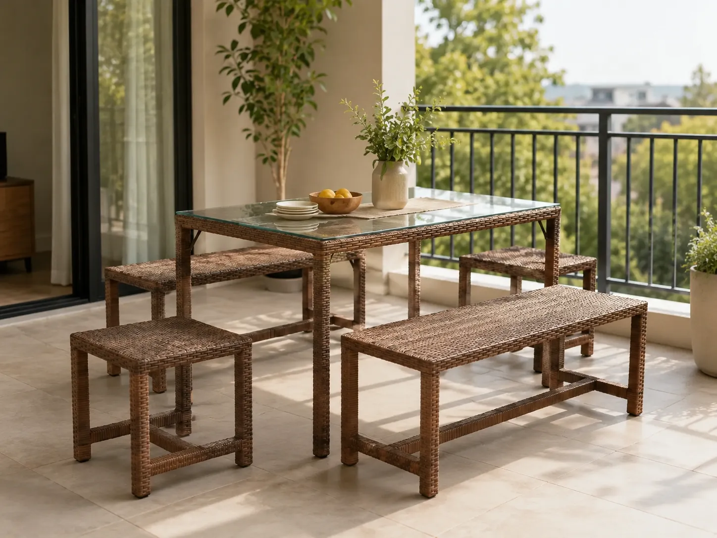 PE rattan dining set with bench and stools for balcony dining