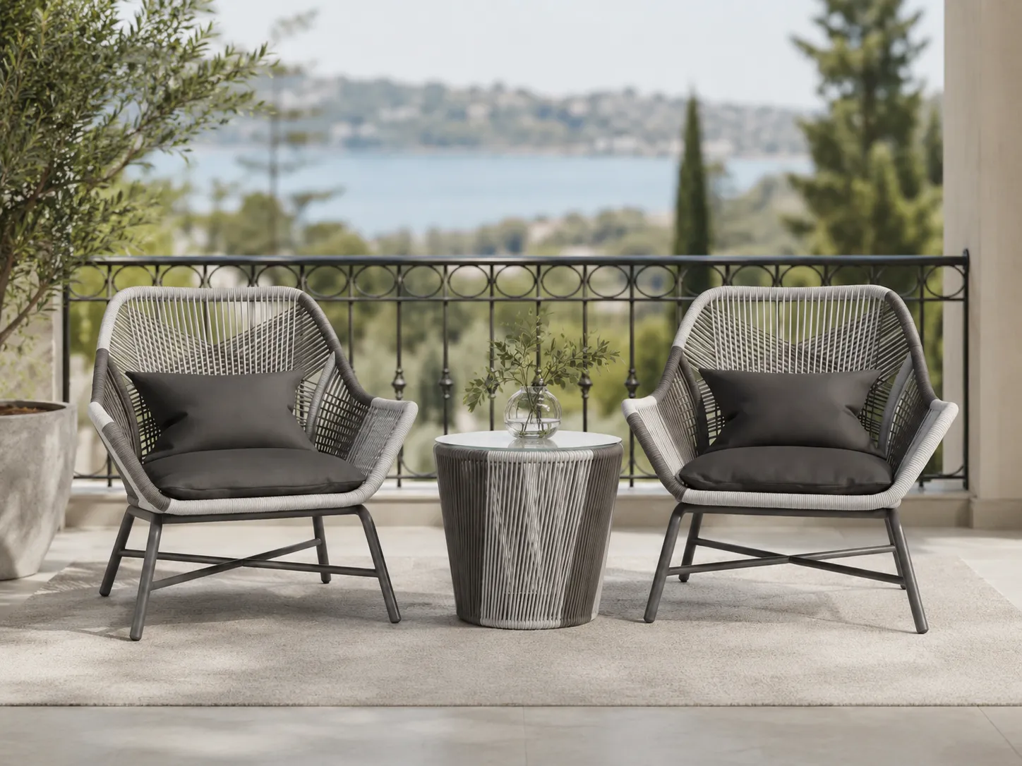 Rope lounge chair and side table set for balcony outdoor seating