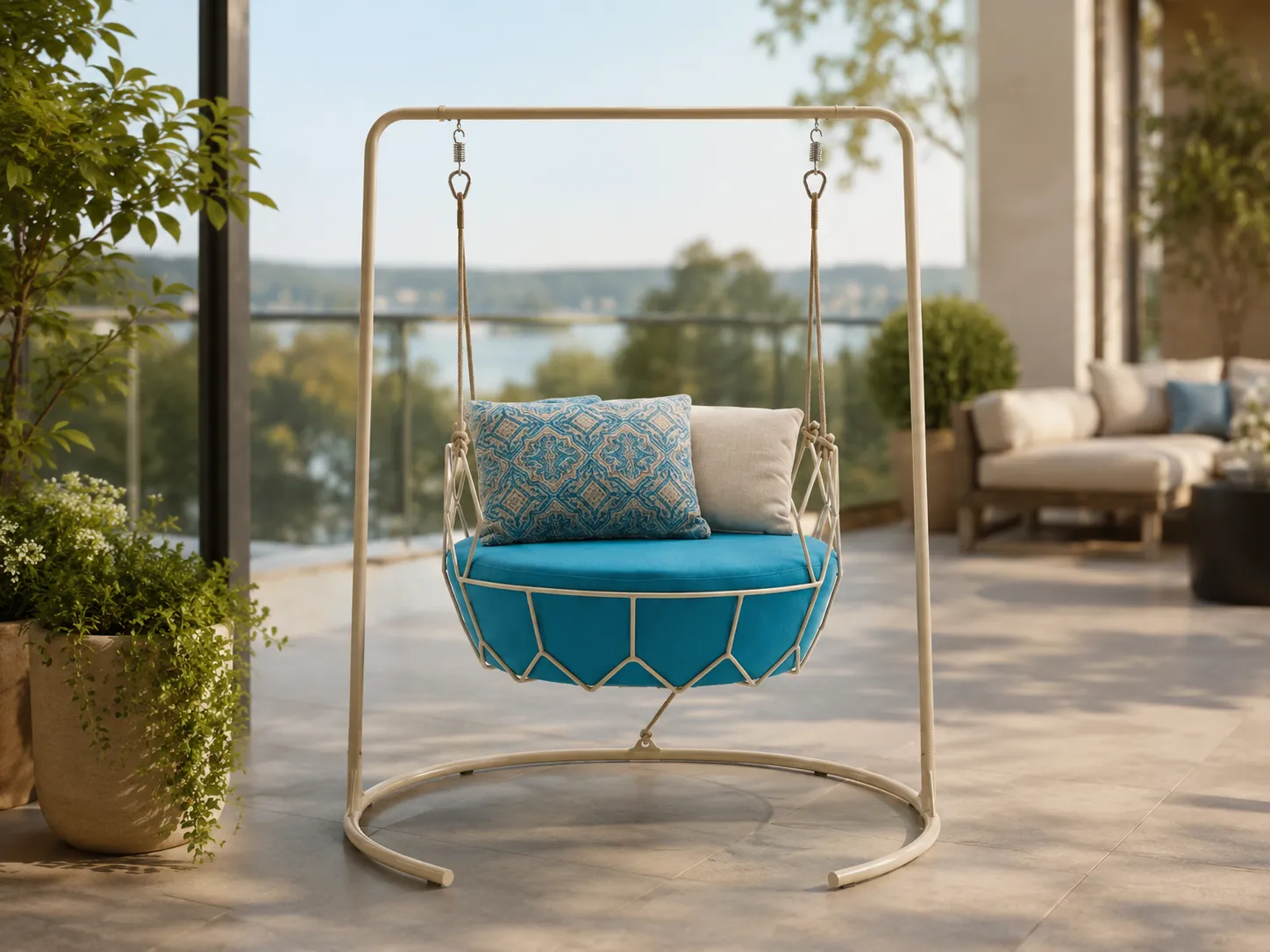 Stainless steel outdoor swing chair used on a balcony