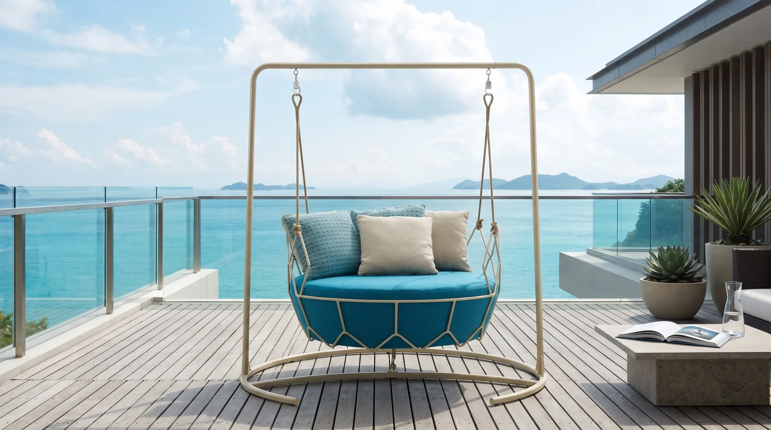 Stainless Steel Outdoor Hanging Swing Chair with Blue Cushion