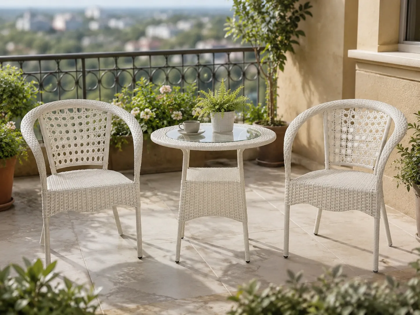 White PE rattan bistro set with round table for balcony seating