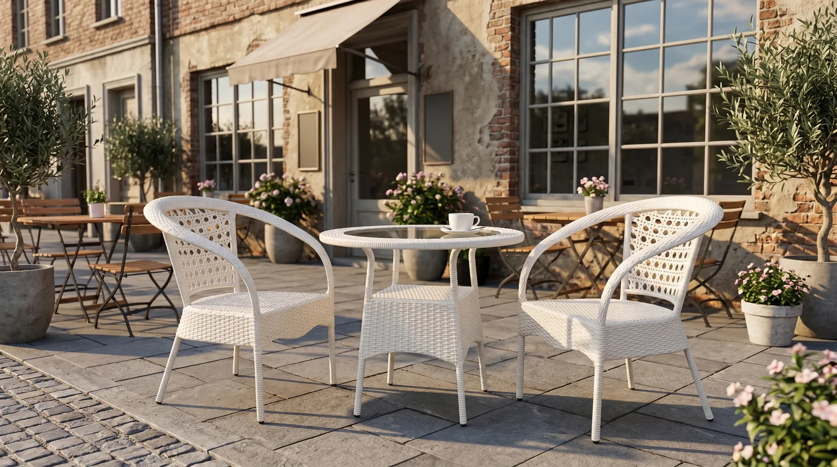 White PE Rattan Bistro Set with 2 Open-Weave Armchairs & Round Glass Table for Patio Balcony Café