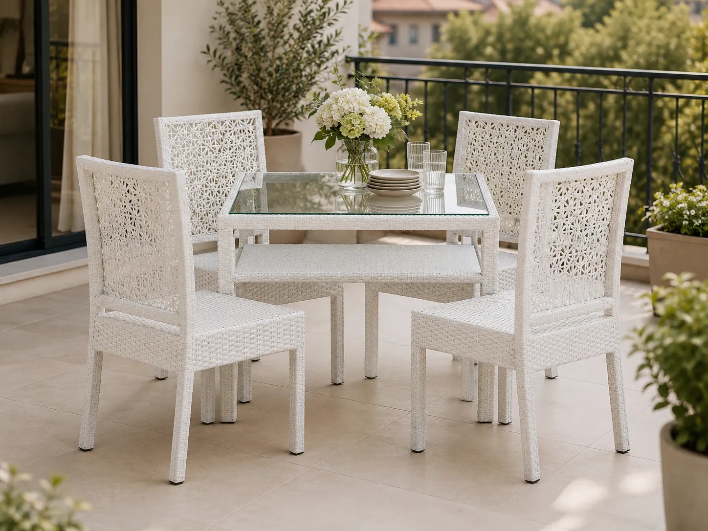 White PE rattan dining set for balcony dining