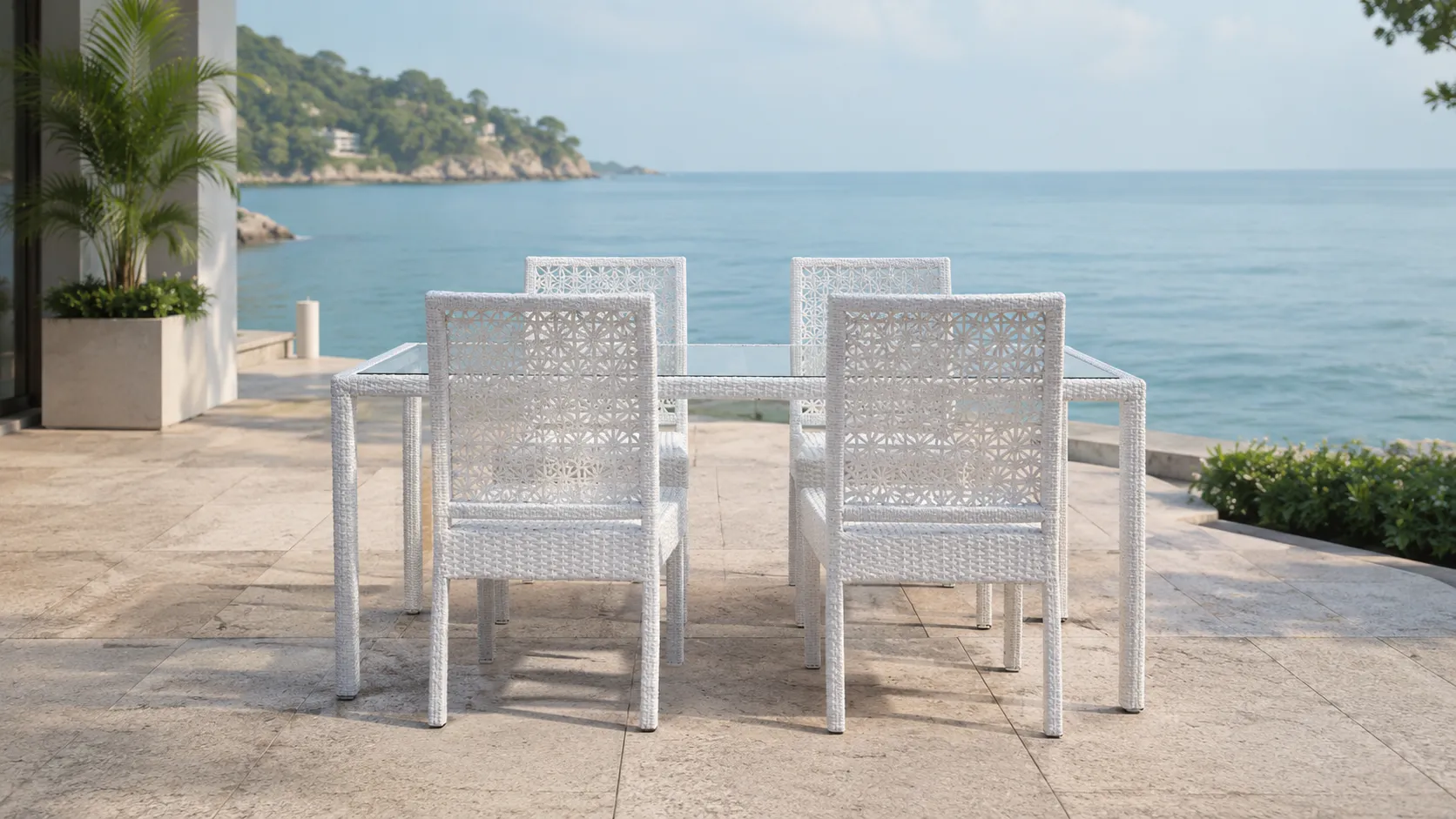 White PE Rattan Outdoor Dining Set with 4 Chairs & Glass Table for Patio Café Terrace