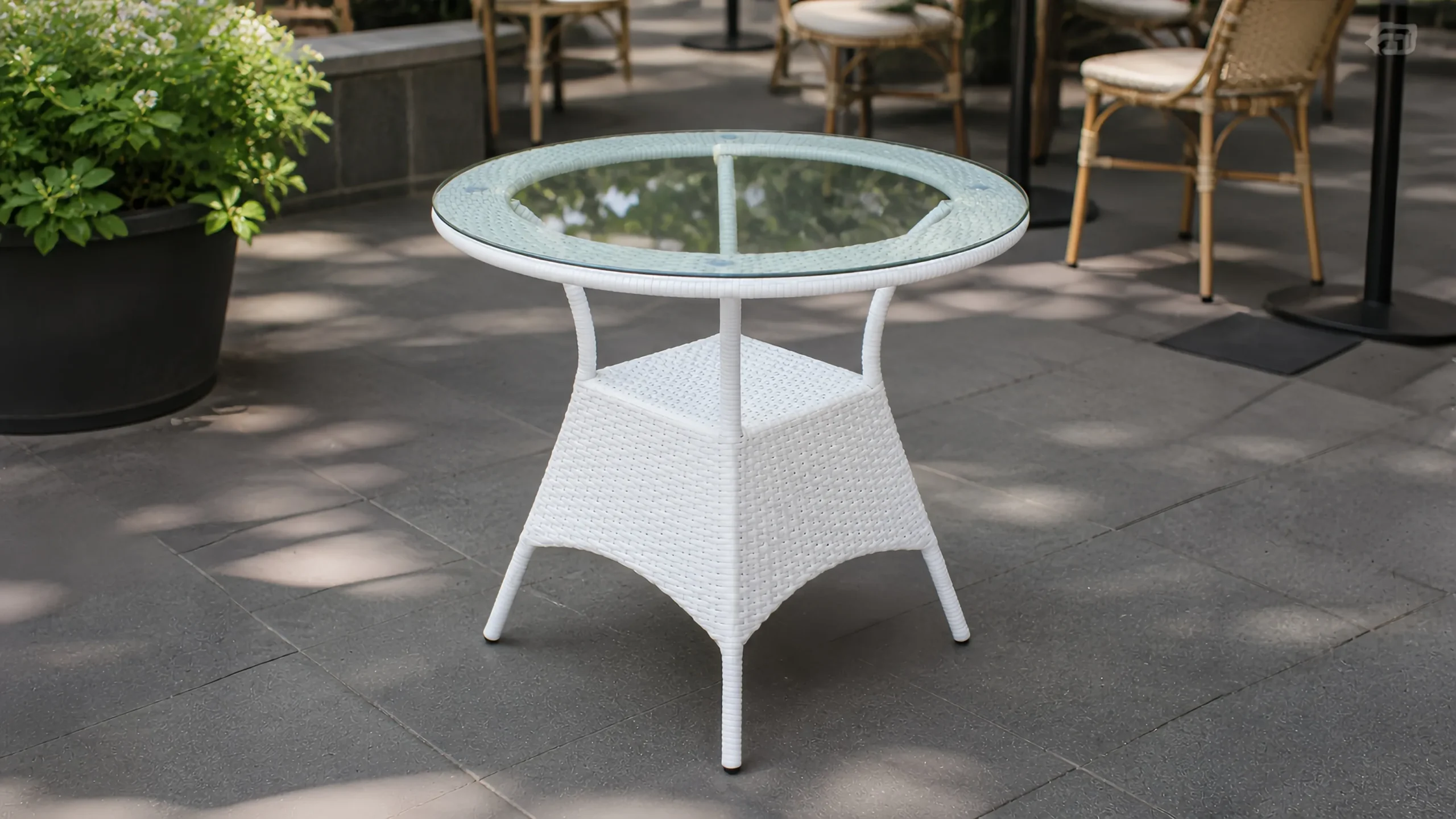 White Wicker Round Glass Table for Patio and Balcony Projects