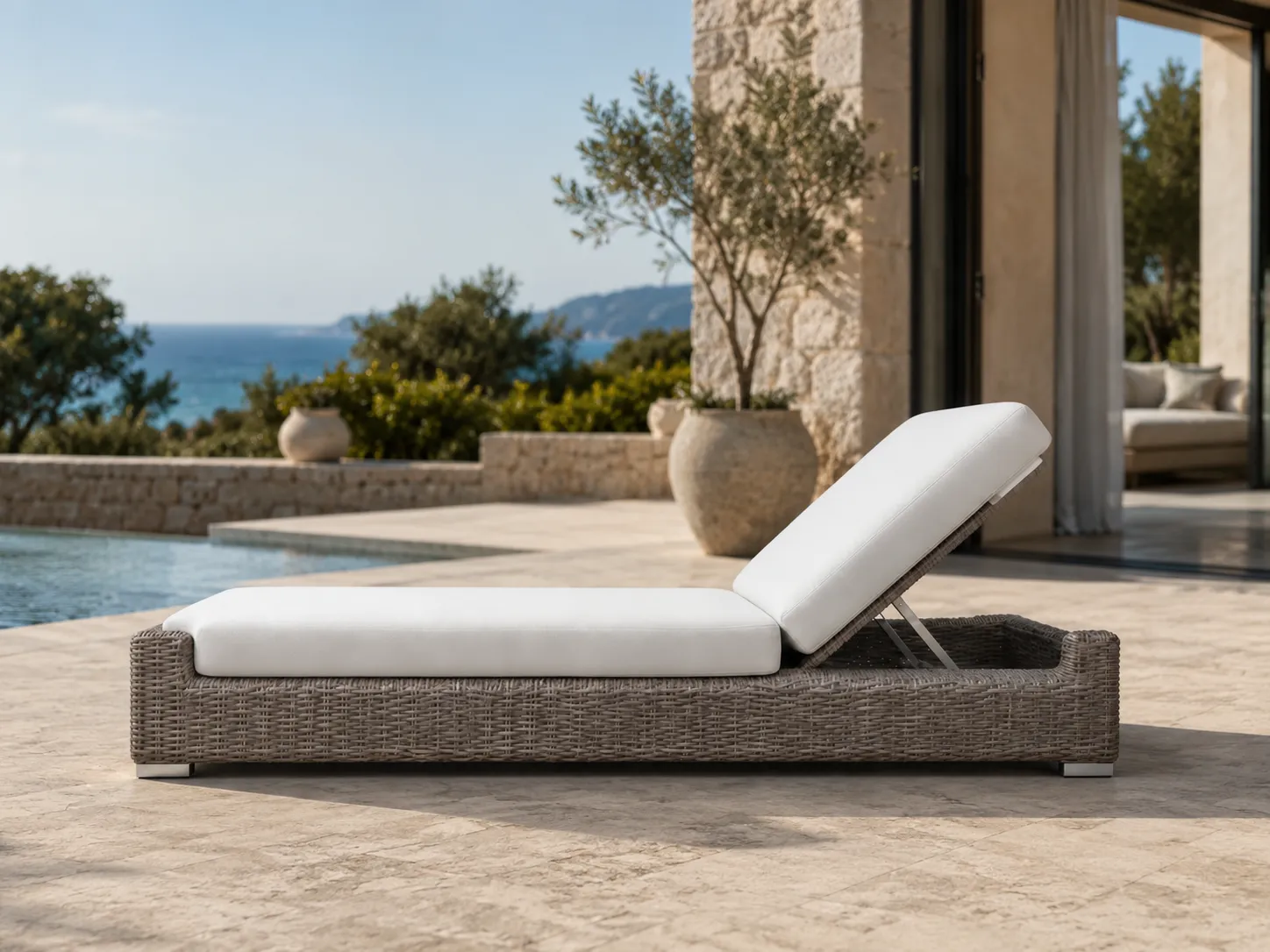 Wicker outdoor sun lounger for beachfront villa leisure areas