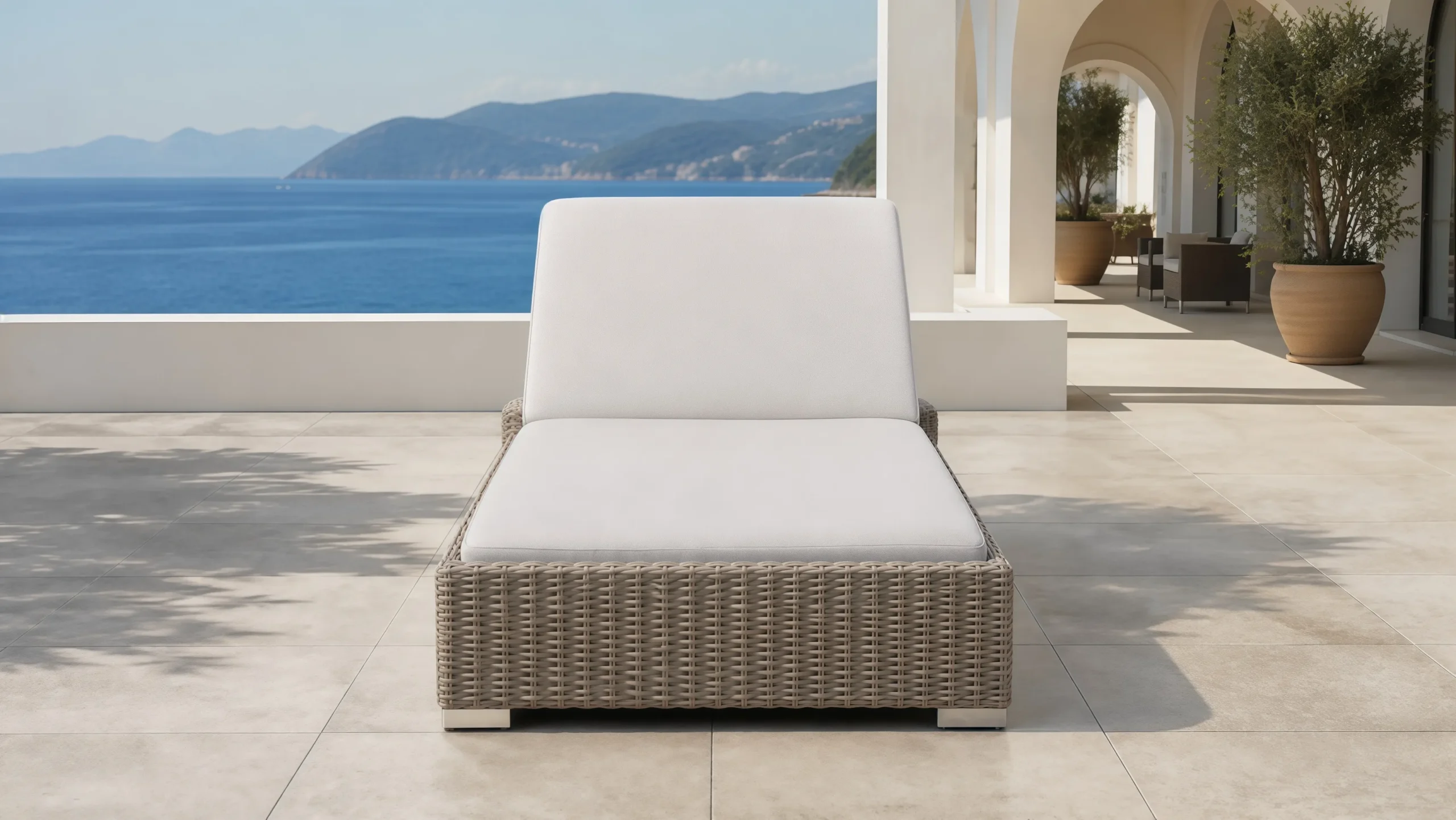 Adjustable Wicker Outdoor Sun Lounger with White Cushion