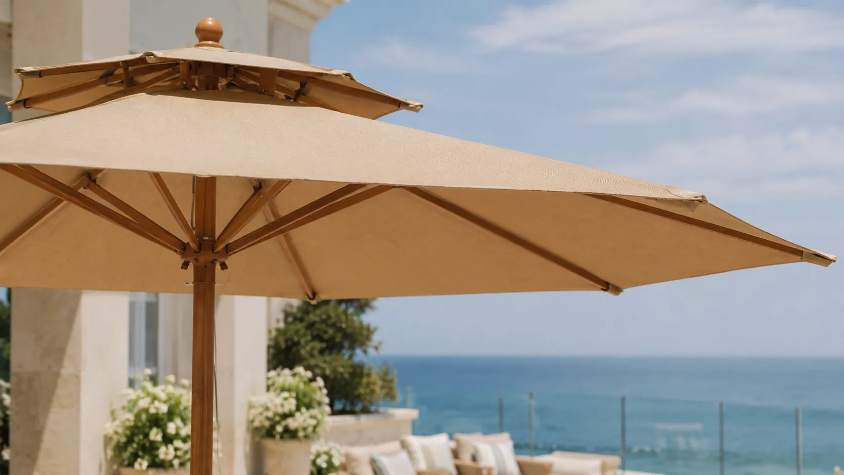 Wooden Patio Market Umbrella with Double Vent Canopy for Resort & Garden Shade