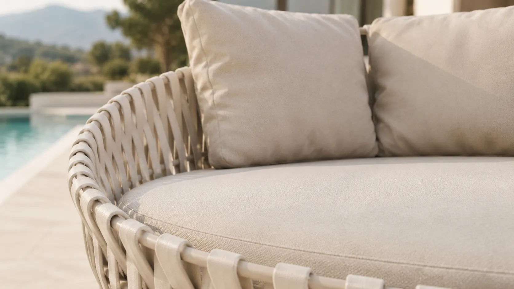 Beige cushion detail of large rope outdoor daybed