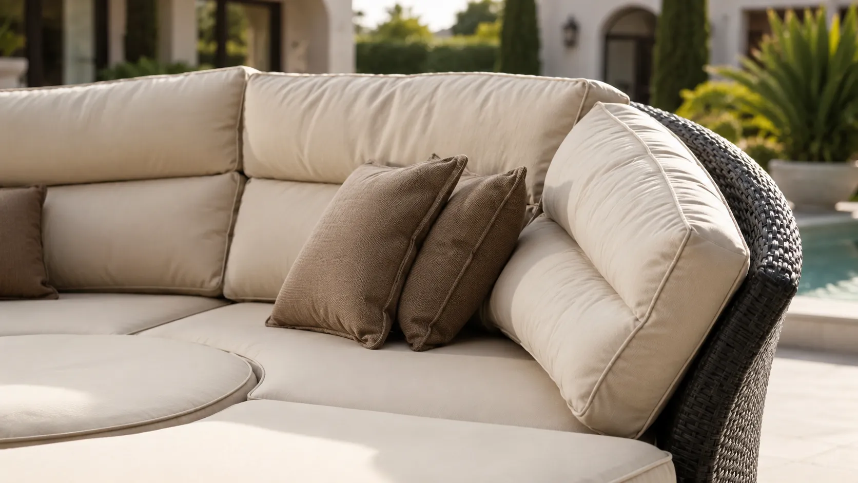 Beige cushion detail of large round wicker outdoor daybed