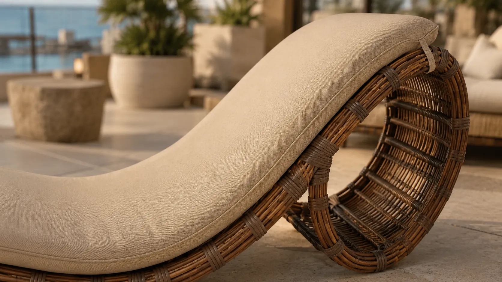 Beige cushion detail of wicker outdoor sun lounger
