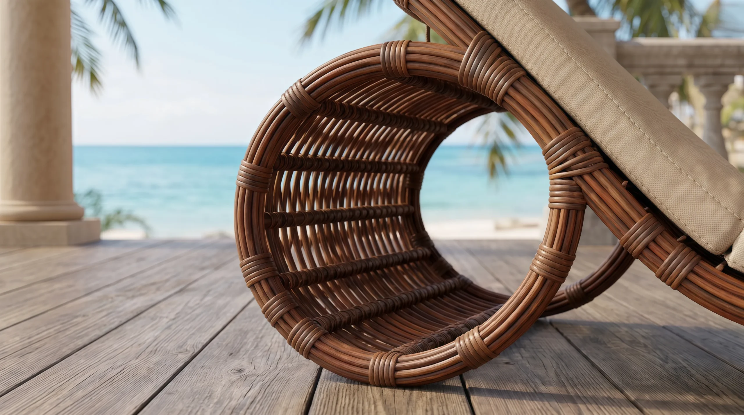 Wicker Outdoor Sun Lounger with Beige Cushion