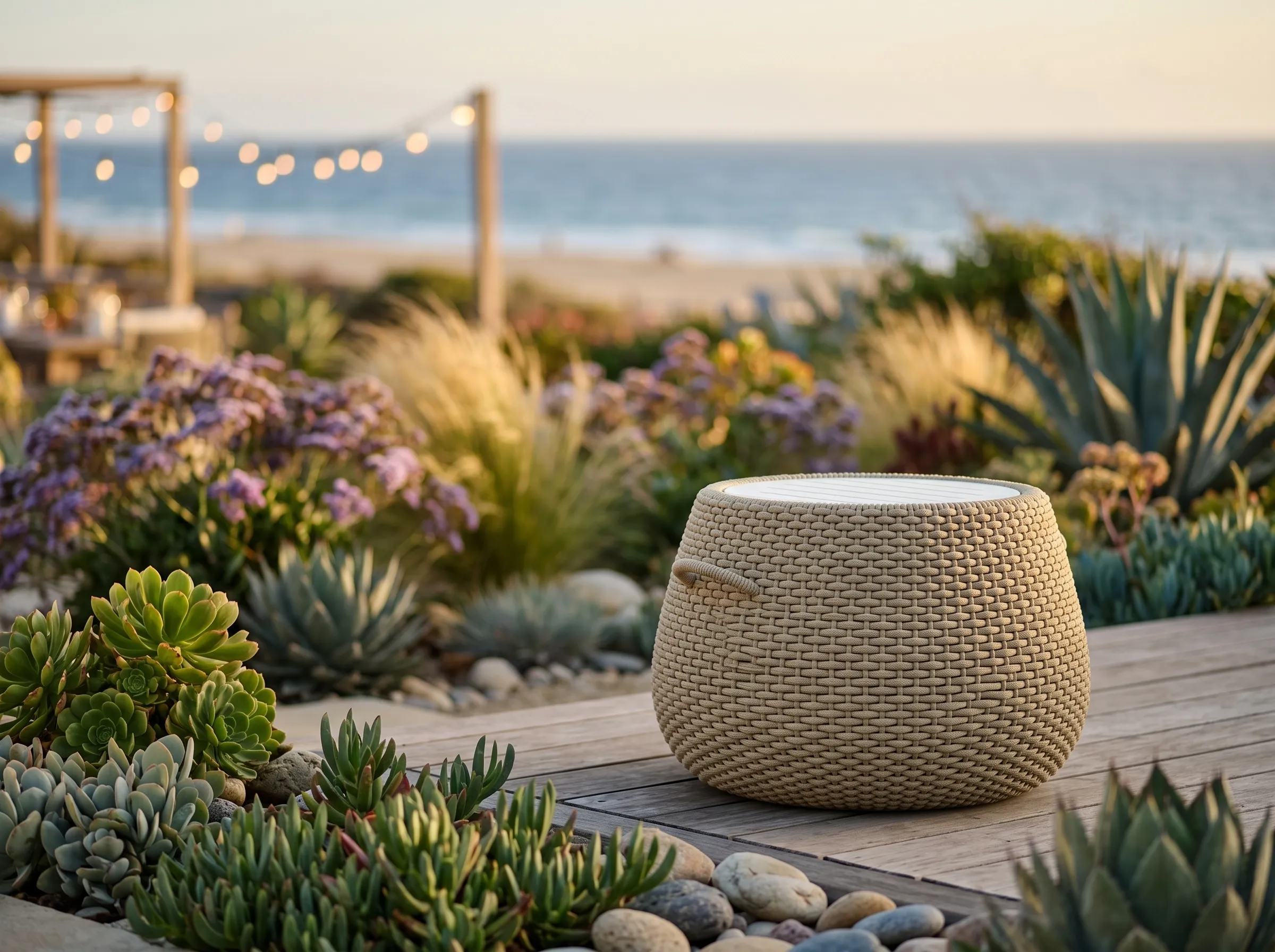 Side view of beige rope outdoor coffee table with woven round frame