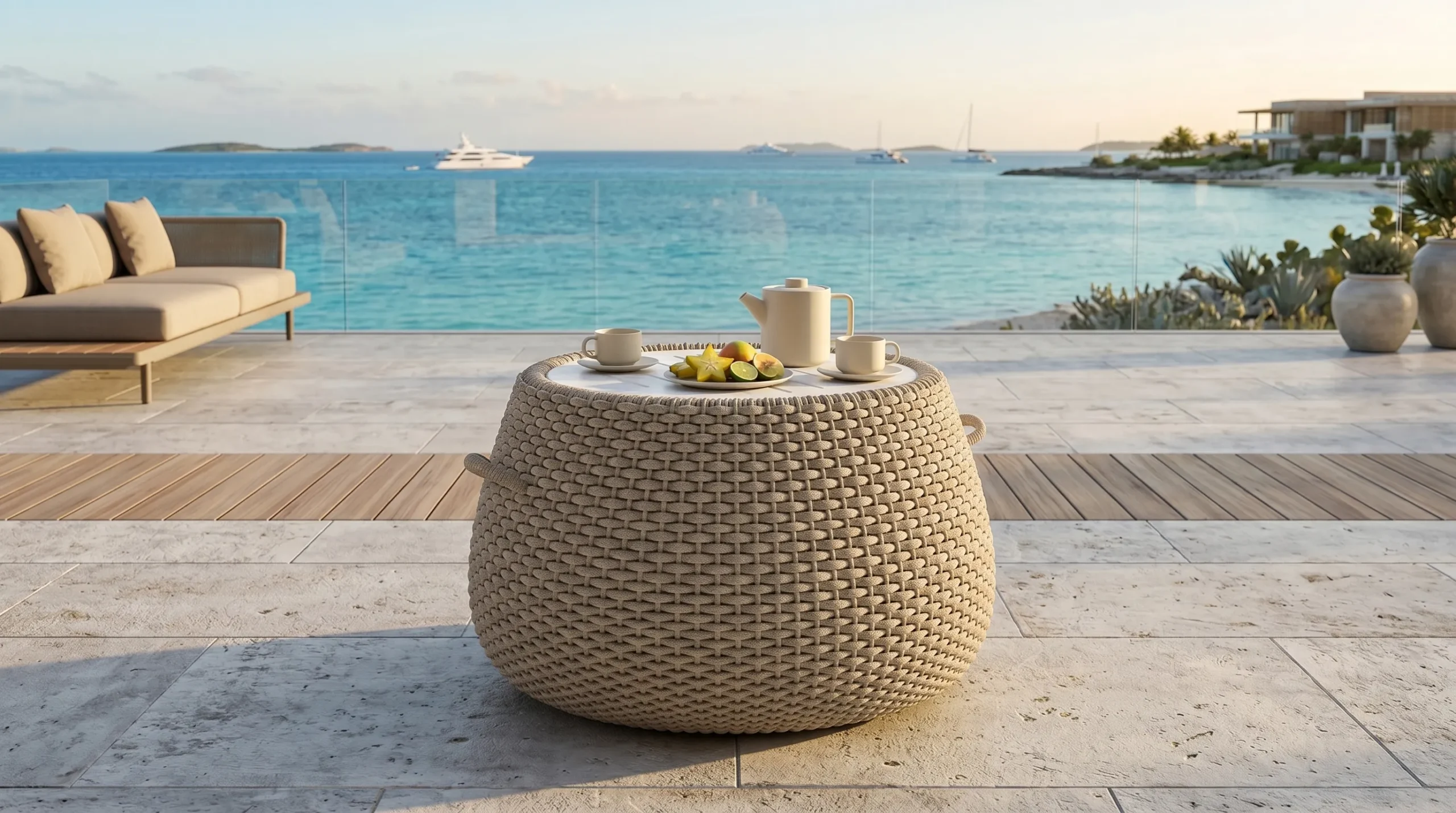 Beige Rope Outdoor Coffee Table for Hospitality Lounge Projects